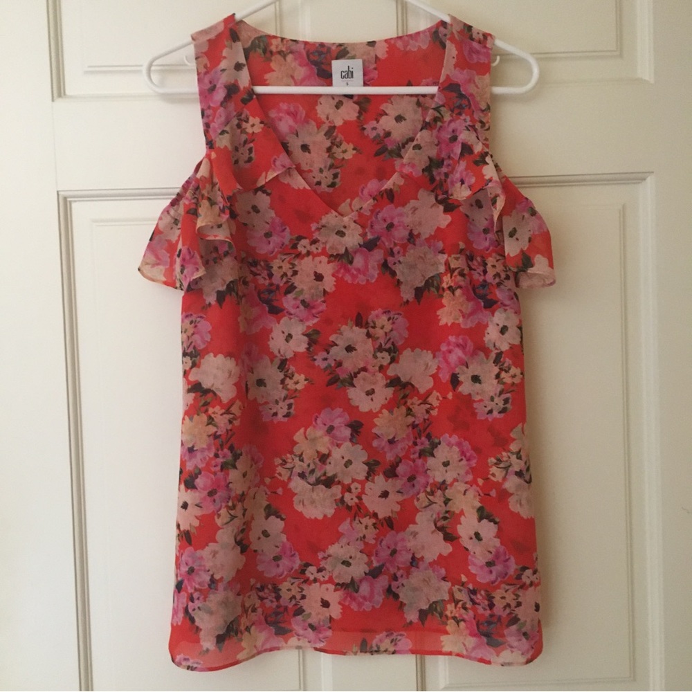 CAbi (S) Womens Sleeveless Blouse Floral Tank Top Ruffle Sleeve Accent